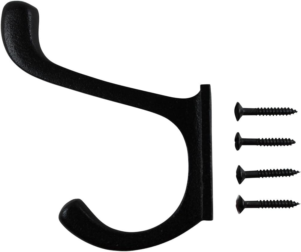 Renovator's Supply Black Wrought Iron Double Coat Robe Hooks 4 Inches Long Rustic Entry Way Hat or Jacket Hanger Wall Mount Including Complete Mounting Hardware