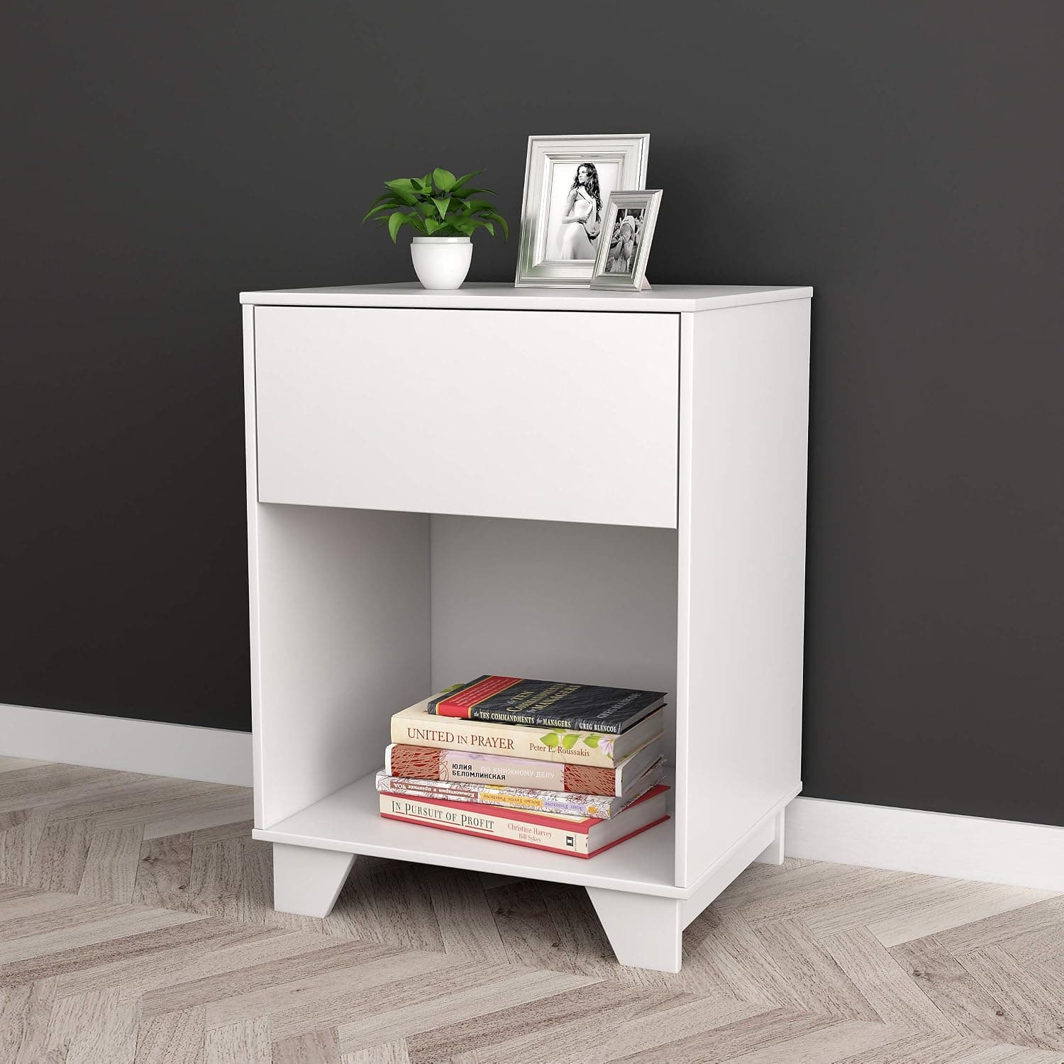 White Finish Nightstand Side End Table with Drawer and Bottom Open Storage Books 25.5" H