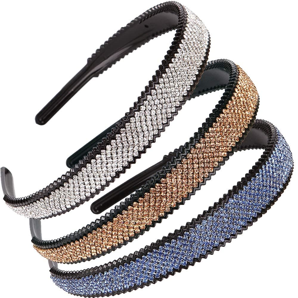 LONEEDY 2cm Wide Full Rhinestone and Crystal Teeth Comb Headbands For Women, 2cm Non-slip Hard Headbands (Silver+Gold+Light blue)