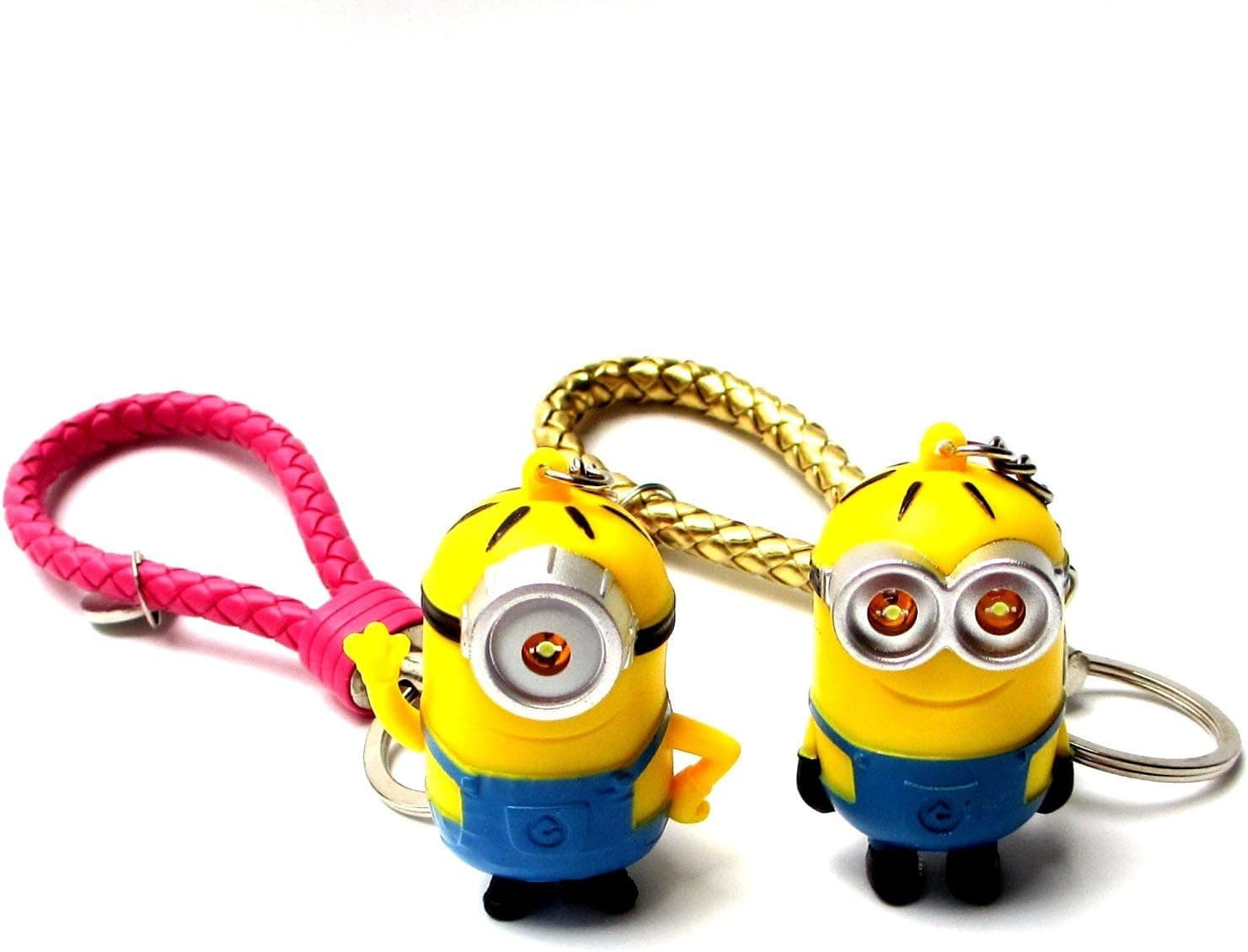 FASHION ALICE 2pcs Hot Movie Minions,Despicable Me, 2.2" Action Figure LED Keychain Ring,Pendant，Accessories，Christmas valentine Gift，Hide Rope ,I Love You Sound Effects (gold and mei red)