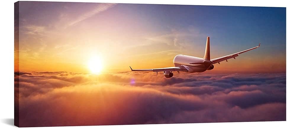 Canvbay Airplane Wall Art Canvas Aircraft at Sunset Picture Painting Plane in the Sky Artwork Stretched and Framed for Home Office Bathroom Decor 20x48inch