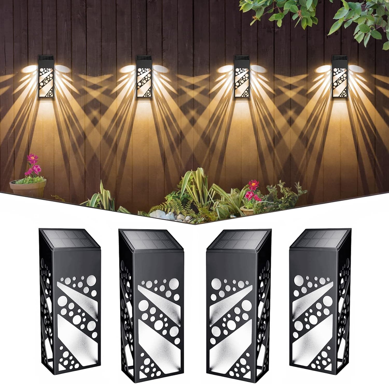 Aulanto Solar Fence Lights, 4 Pack Waterproof Solar Wall Lights with RGB & Warm White Mode, Backyard Decorative Garden Lights with Auto On/Off, Perfect for Fence, Backyard, Garden, Front Door, Patio.