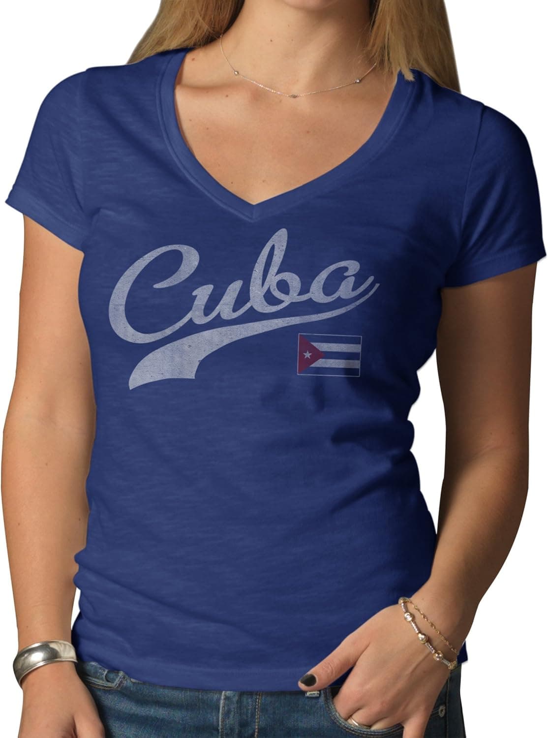 World Cup Soccer Cuba Women's Vintage V-Neck Scrum Country T-Shirt