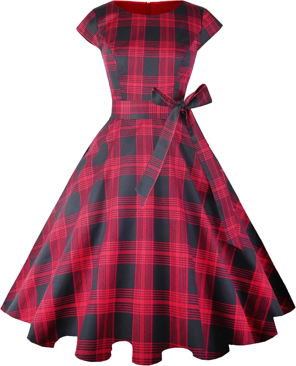 PUKAVT Women's 1950 Boatneck Cap Sleeve Vintage Swing Cocktail Party Dress with Pockets