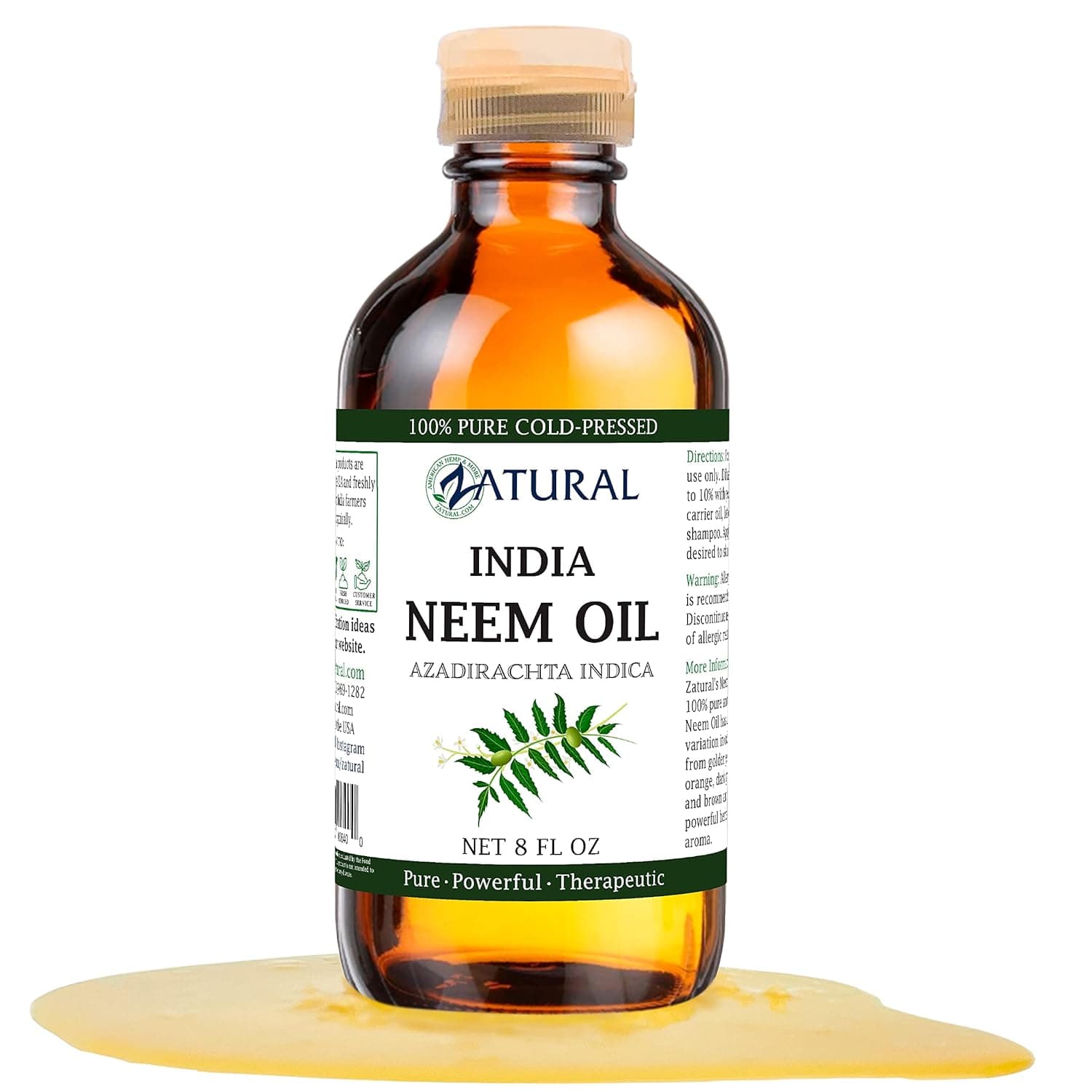 Zatural 100% Pure Neem Oil - Undiluted Cold-Pressed, Uses for Hair, Skin, and Nails, 8 oz