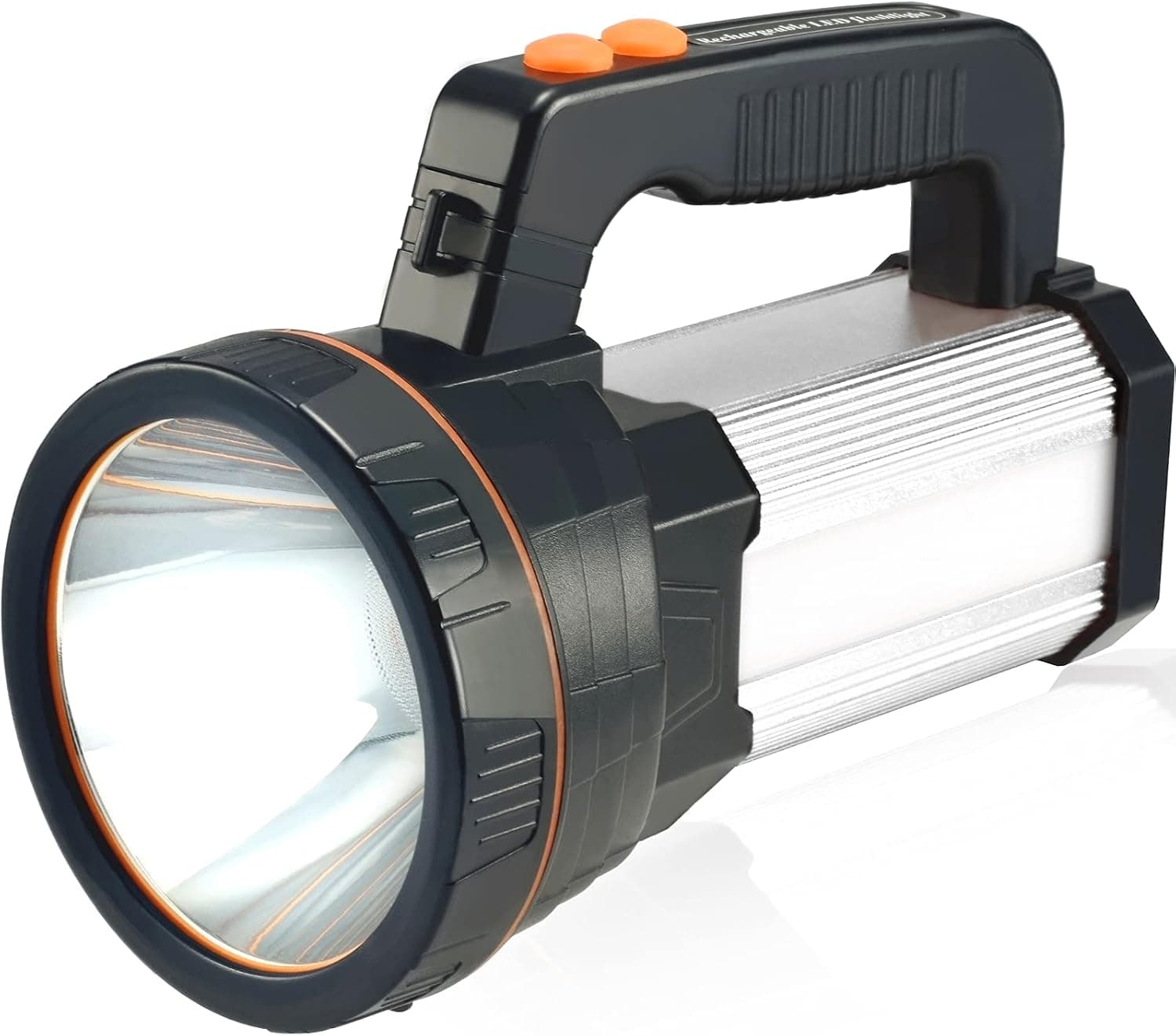 TONGNAN LED Handheld Flashlight Rechargeable Searchlight 8000 lumens Super Bright Handheld Spotlight Battery Powered High Power Waterproof Searchlight 6 Modes（Silver)