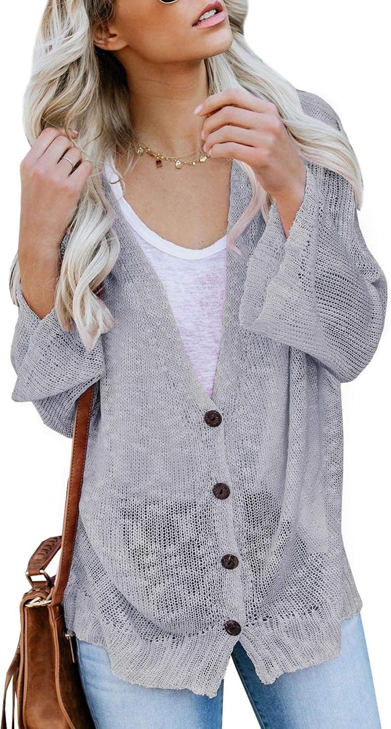 Ybenlow Womens Boho Knit Cardigans Loose Lightweight V Neck Button Down Sweater Sheer Henley Tops
