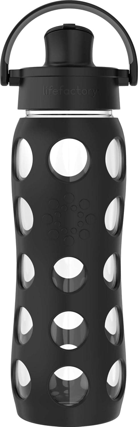 Lifefactory Active Flip Cap and Protective Silicone Sleeve, Onyx 22-Ounce BPA-Free Glass Water Bottle, 22 Ounce, Oynx