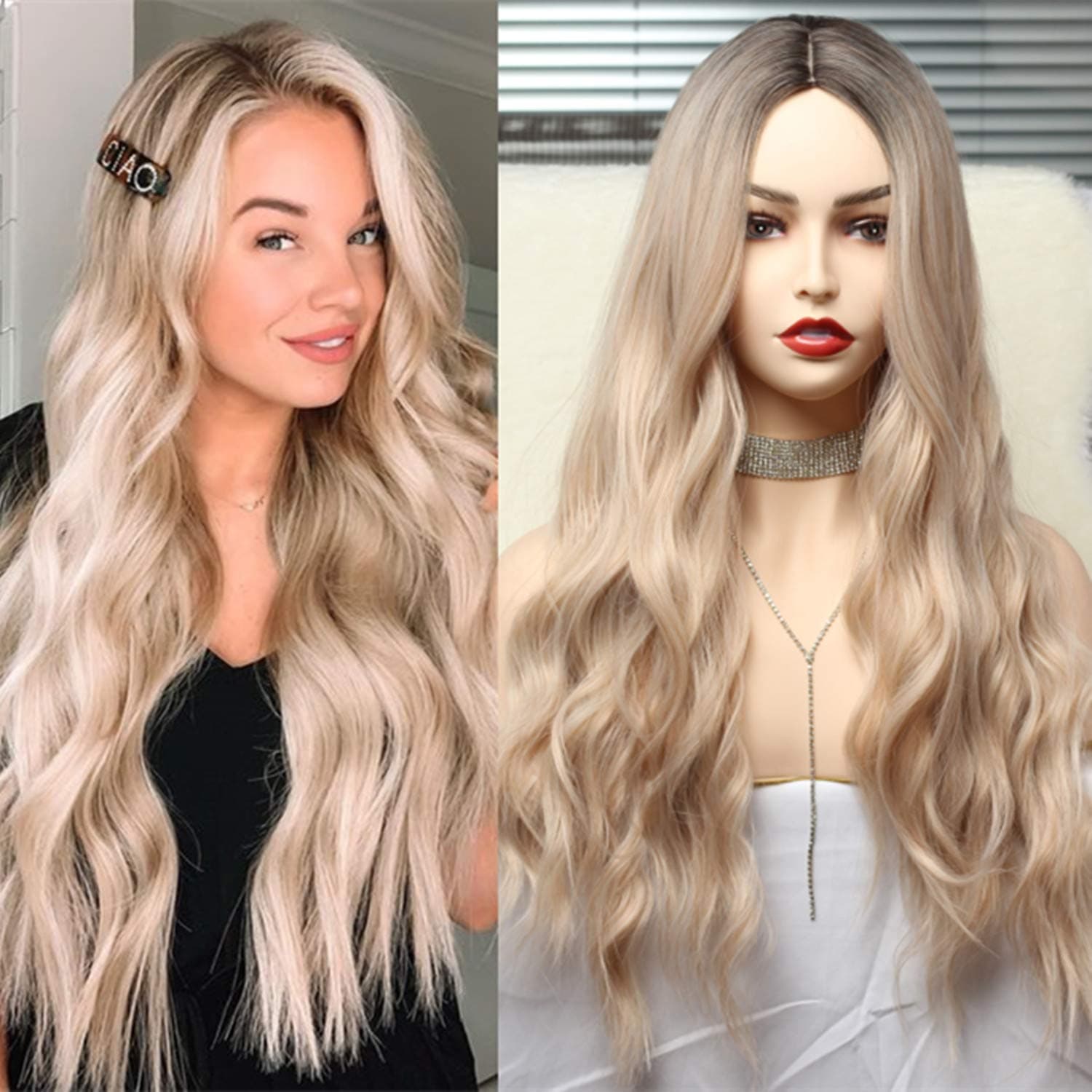 N&T Long Wavy Wigs for Women Mixed Blonde Wig Synthetic Heat Resistant Curly Hair (26 inches)