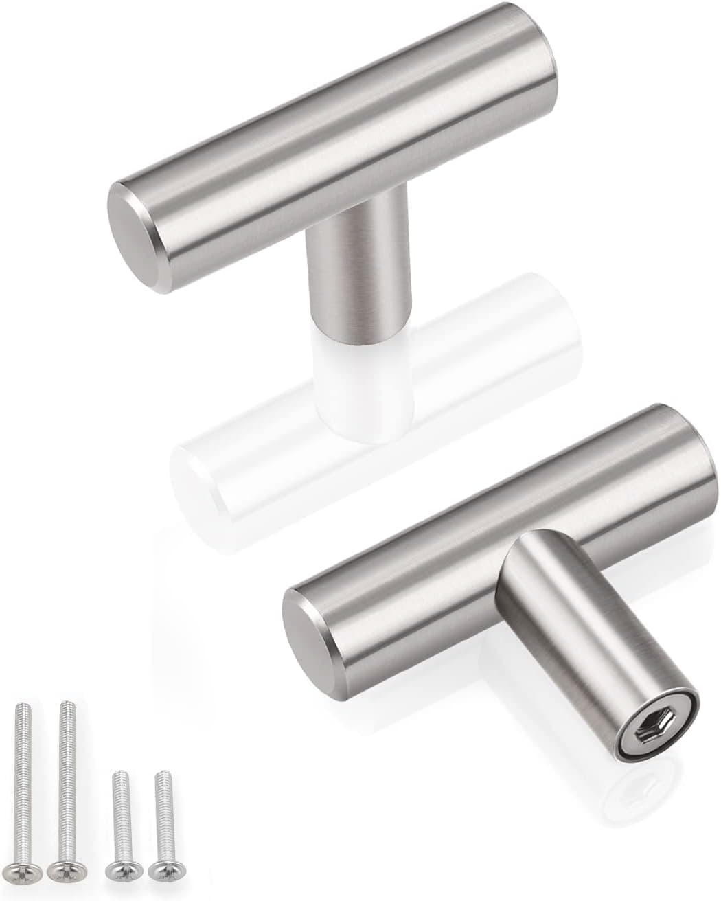 Gobrico Single Hole Cabinet Knobs Satin Nickel T-bar Drawer Pulls Stainless Steel Kitchen Hardwares Overall Length 2"(50mm) Round Cabinet Handles,12 Pack
