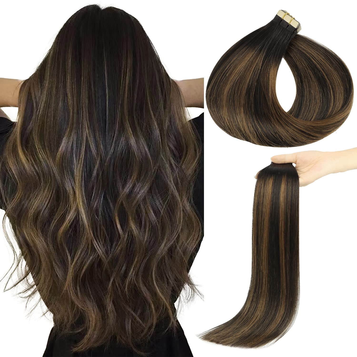 LeaLea Tape in Hair Extensions, Ombre Natural Black Mixed Chestnut 22 inch 50g Tape in Hair Extensions Real Human Hair Natural Straight Human Hair Tape in Hair Extensions