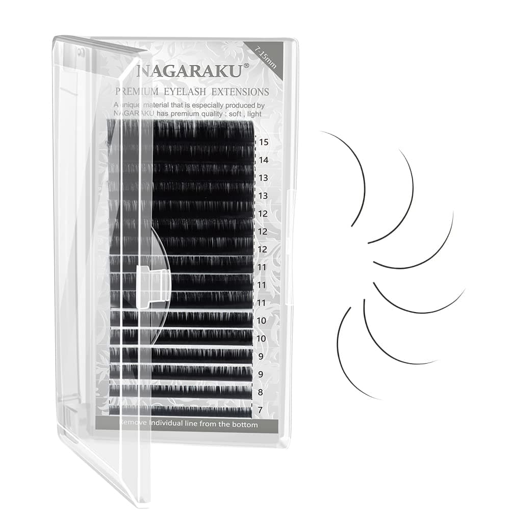 NAGARAKU Eyelash Extensions Individual Lashes 0.05mm C curl 7-15mm Mix Tray Classic Matte Black Soft Natural Faux Mink 16 rows