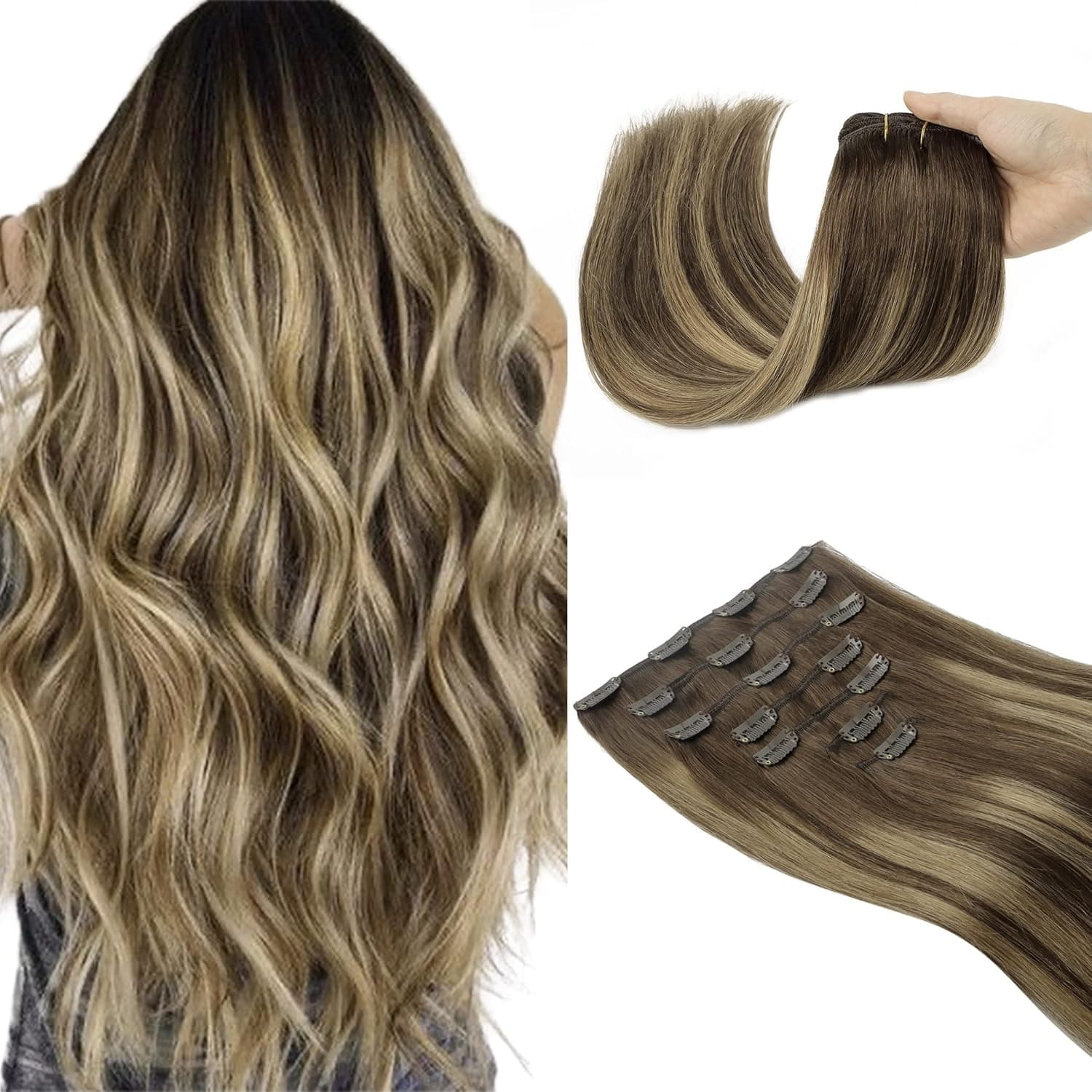 Clip in Hair Extensions, 24 inch Balayage Chocolate Brown to Caramel Blonde Hair Extensions Clip in Human Hair Lashey Hair Extensions Real Human Hair 120g 7pcs
