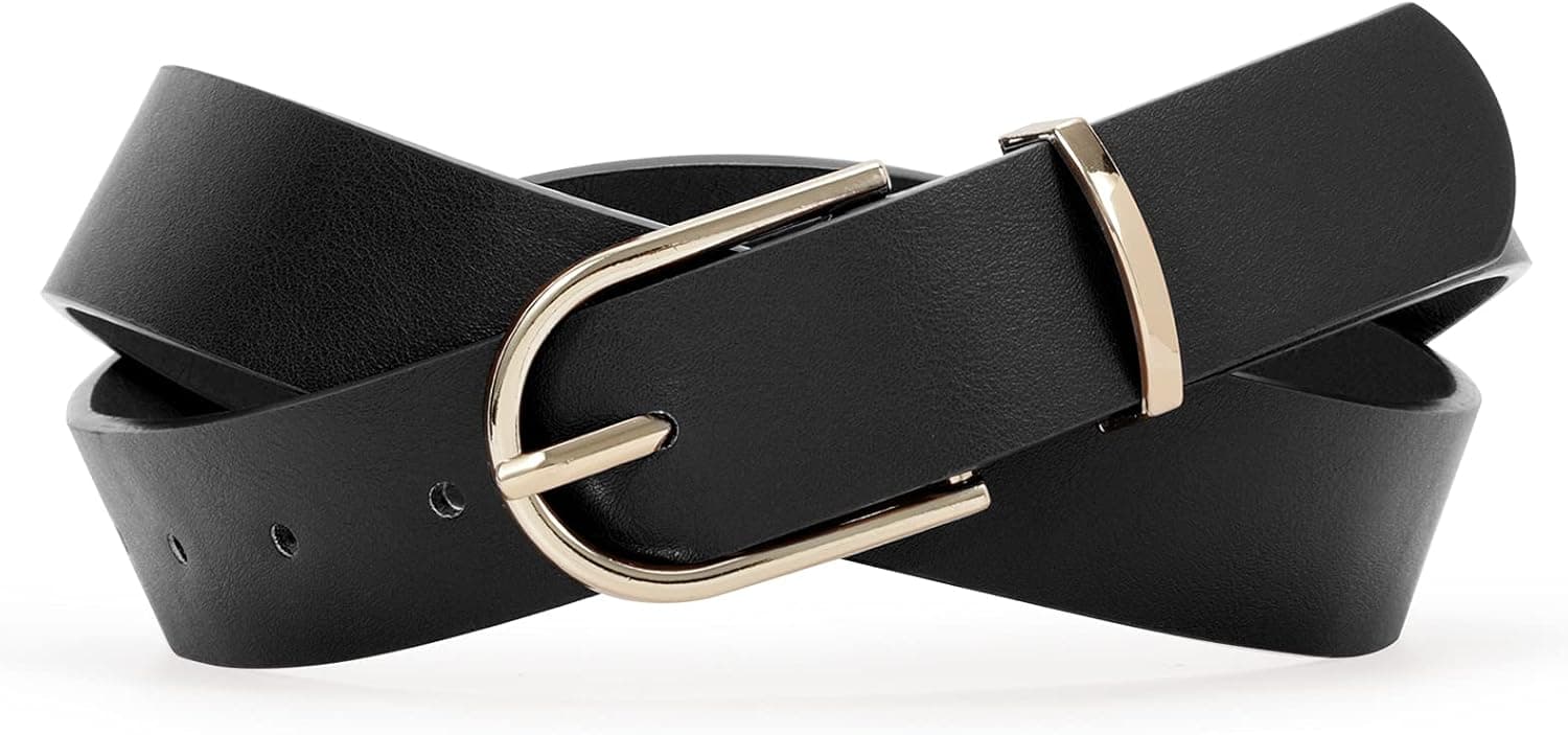 SANSTHS Women Leather belt Faux leather Chic Belt for Jeans Solid Color with Long Gold Curved Pin Buckle