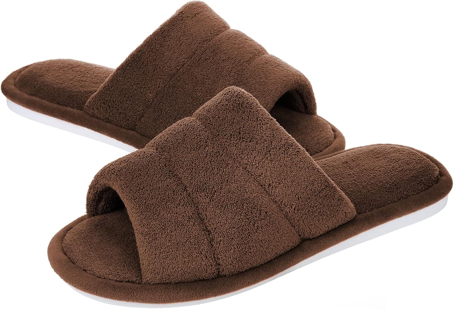 shevalues Unisex Terry Cloth Open Toe Slippers Memory Foam Silp On House Slippers, Brown, 9-9.5 Women/ 8-8.5 Men
