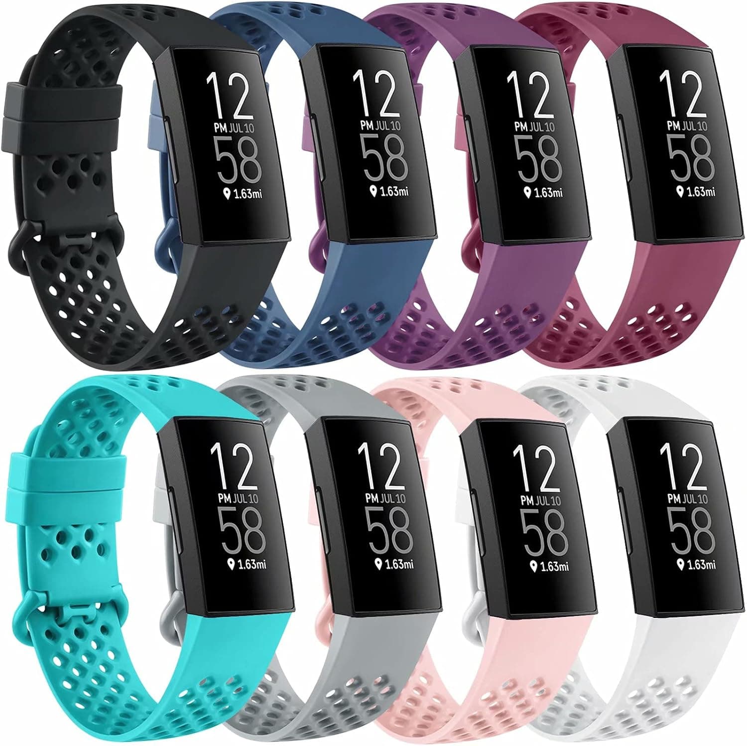Amzpas 8 Pack Sport Bands Compatible with Fitbit Charge 4 and 3 Bands, Soft Silicone Breathable Waterproof Replacement Wristband Air Holes for Women Men (8 B, Small), Multicolor