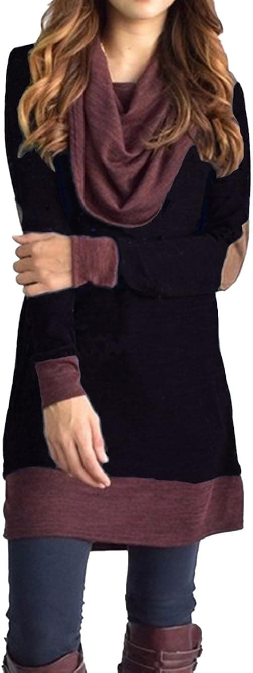 Famulily Women's Cowl Neck Tops Two Tone Color Block Pullovers Elbow Patchs Loose Long Tunic Blouse