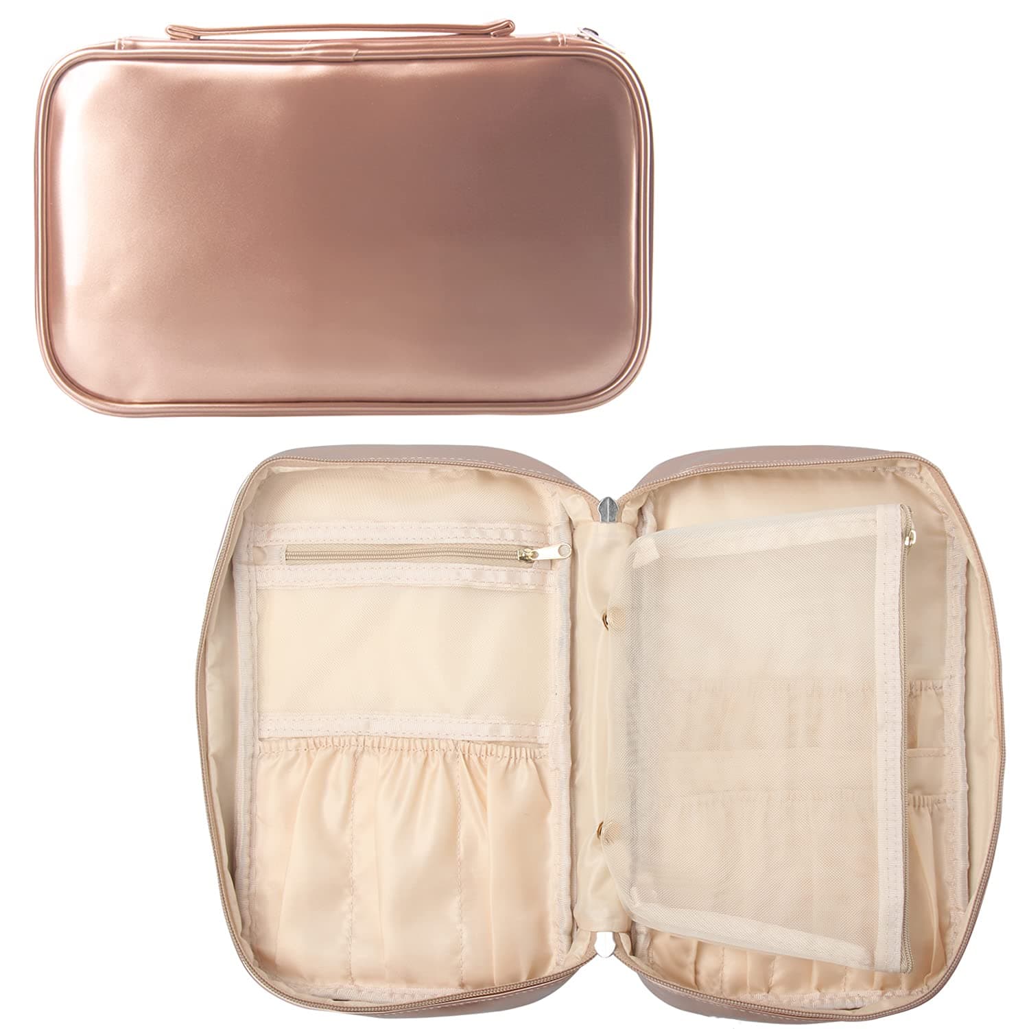 Relavel Professional Cosmetic Case Makeup Brush Organizer Makeup Artist Case with Belt Strap Holder Multi functional Cosmetic Bag Makeup Handbag for Travel Home Gift (Rose Gold)