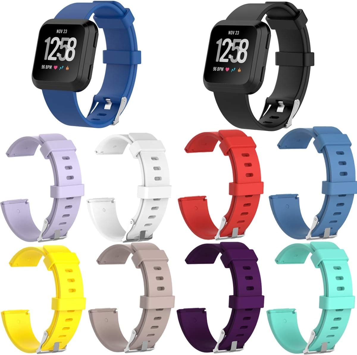 TDRTECH Compatible with Fitbit Versa Band with Stainless Steel Clasp, Replacement Soft Silicone Band Strap for Fitbit Versa, Pack of 10 Hot Color