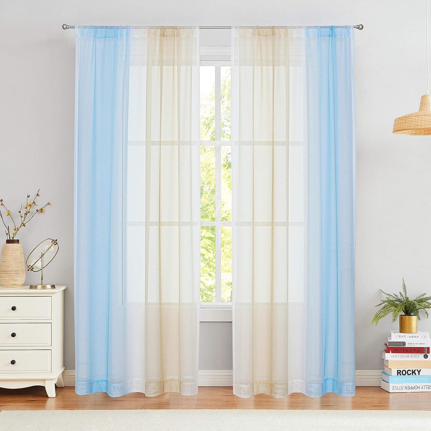 lefeng Ombre Sheer Curtain Panels 84 Inches Long for Girls Bedroom and Living Room, Light Filtering Gradient-Color Window Drapes with Rod Pocket, 54"x84"x2, Light Gold and Blue