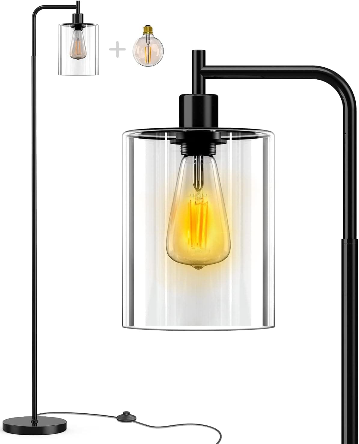 Industrial Floor Lamp, Modern Standing Lamps with Hanging Clear Glass Shade & 2 E26 Light Bulbs, Tall Pole Light for Living Room Bedroom Office Study Room Farmhouse Home Decor, Matte Black