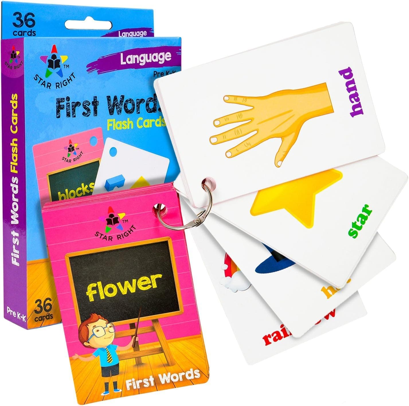 Star Right First Words Flash Cards with Realistic Art, 36 Cards, with 1 Ring, for Ages Pre-K & K