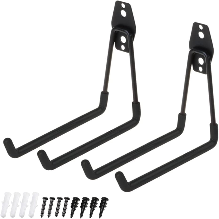 2pcs Ladder Hook for Garage Organizer, Upgrade Version, with Longer Screws Included, Heavy Duty Utility Hanger Holder Storage for Hanging Weed Wacker Hose Extension Cord Chair Bike Garden Tools