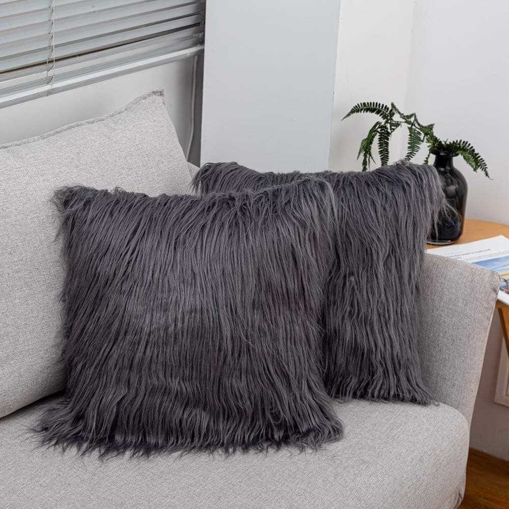 LDUSAHOME Soft Long Faux Fur Cushion Cover 2Pack Luxury Shaggy Pillowcase Fleece Style Series Throw Pillow Cases for Sofa Bedroom Car,18x18 in，45x45cm,Grey