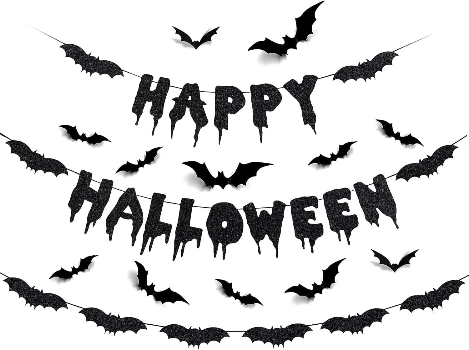 Happy Halloween Banner Bat Garland Black Glitter and 12Pcs Bat Wall Decals- Flying Bats Halloween Party Decorations,Halloween Wall Decorations,Bat Party Decorations,Happy Halloween Decorations Mantle Home Decor