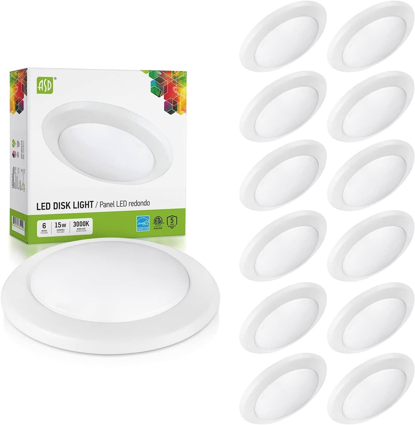 ASD 6 Inch LED Flush Mount Ceiling Light, Wet Rated Dimmable LED Disk Light, Ultra Bright 1200 LM, CRI90, J-Box or Recessed Can, White, 15W (130W Eqv.) 3000K, Energy Star, ETL, 12 Pack