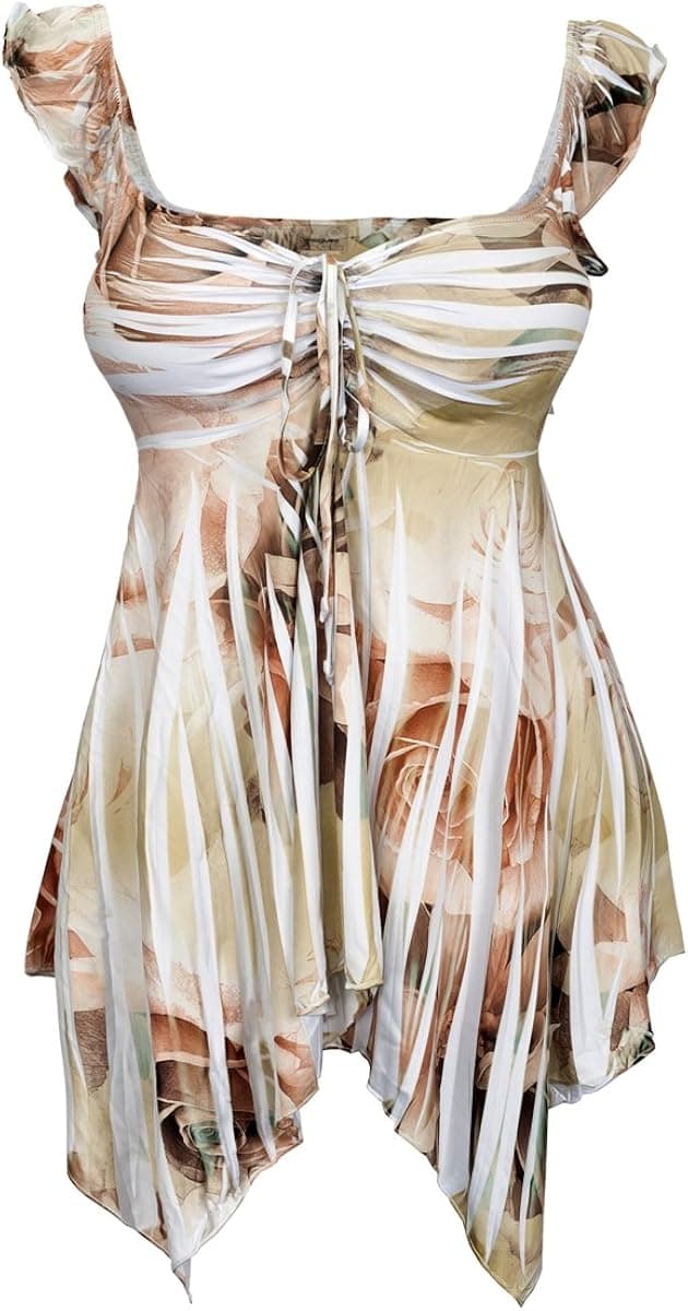 eVogues Plus Size Deep V-Neck Asymmetric Hemline Slimming Sublimation Print Top Made in USA