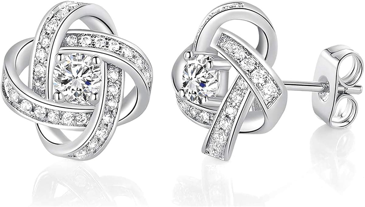 18K White Gold Plated Love Knot Stud Earrings for Women, Classic Cubic Zirconia Flower Cluster Earrings
