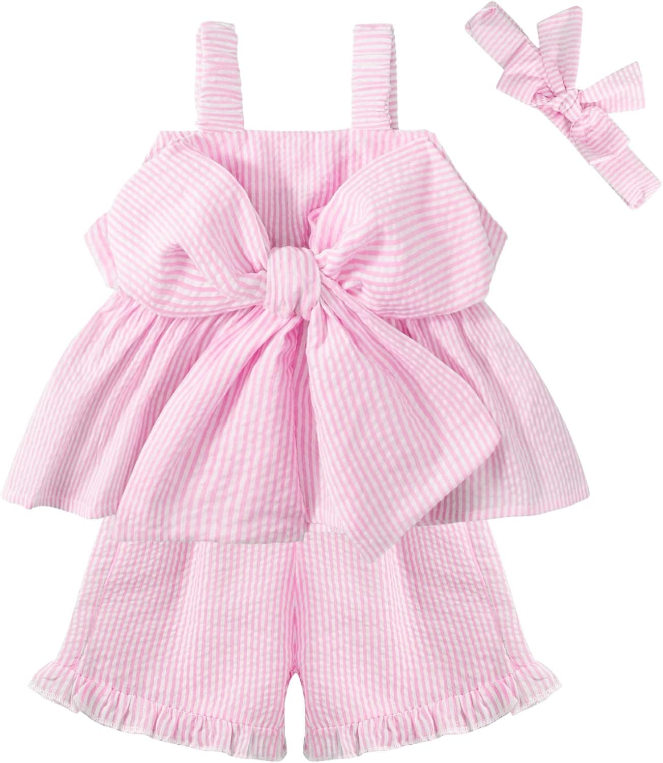 BOBORA Baby Girl Clothes Toddler Girl Summer Outfit Striped Bowknot Tank Tops + Shorts Pants + Headband 3Pcs Cute Short Set