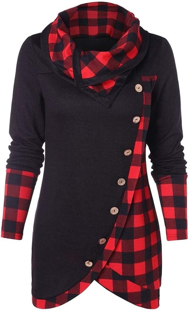 Women Buffalo Plaid Shirt Asymmetrical Cowl Neck Tunic Irregular Hem Turtleneck Over Leggings Tops Sweatshirt Pullover