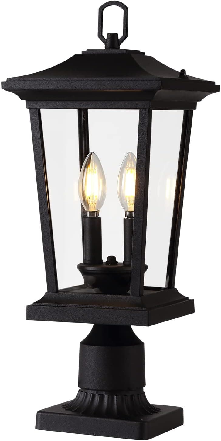 Smeike Outdoor Post Lights, Cast Aluminum Post Light Fixture, 2-Light Pole Mount Light with Clear Glass Panels, Matte Black Finish