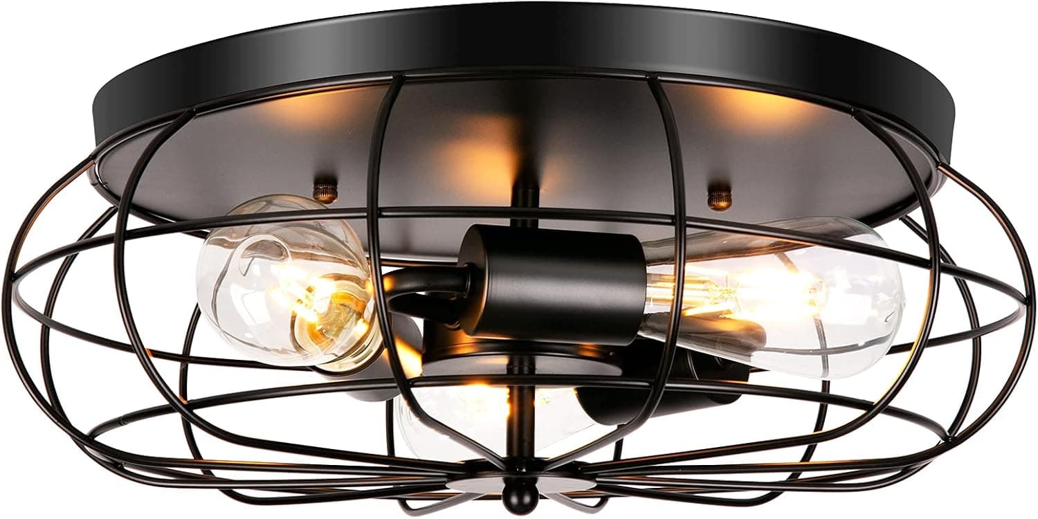 LEDMO 3-Light Flush Mount Ceiling Light Fixtures Ceiling Mount Industrial Black Metal Cage Farmhouse Light Fixture Vintage Rustic Semi Flush Mount Light for Kitchen, Hallway, Bedroom, Living Room