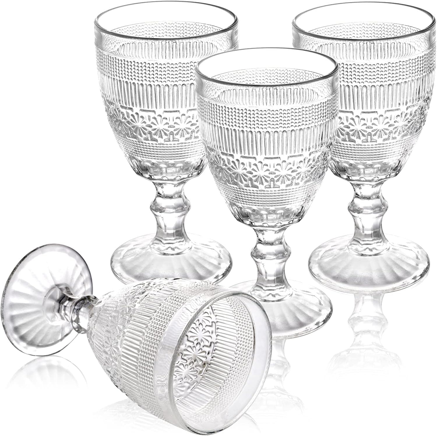 Coloch 4 Pack Wine Goblet Glasses, 11 Oz Vintage Water Glasses Set Romantic Mixed Drinking Glassware for Juice, Red Wine, Cocktail, Baby Shower, Wedding, Party