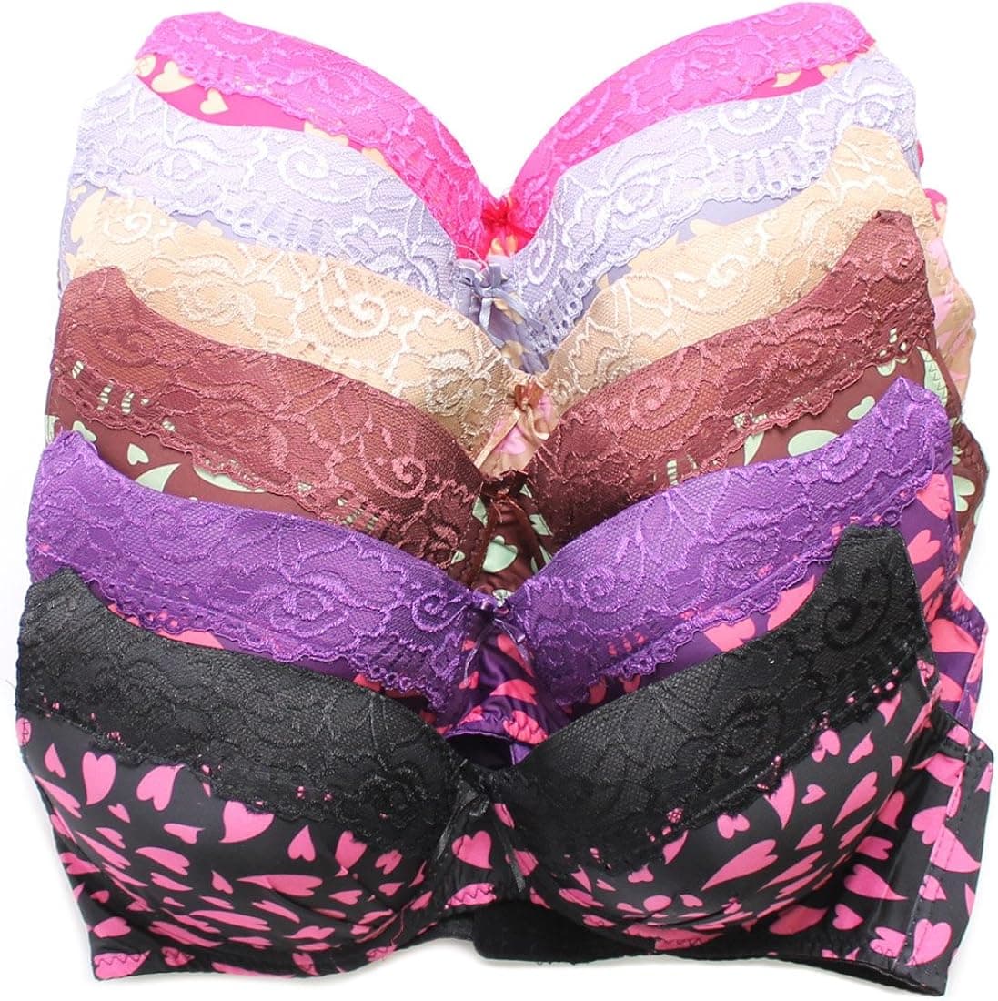 Queen's 6 Pack D and DD Cup Bras Heart Prints