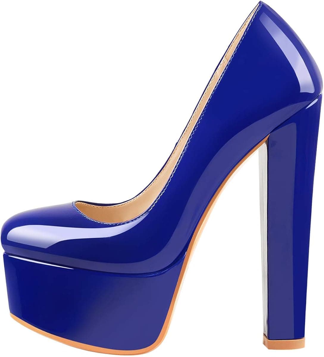 Richealnana Women's Slip On High Heel Pumps Platform Sturdy Heel Shoes for Party Prom Blue Size 7