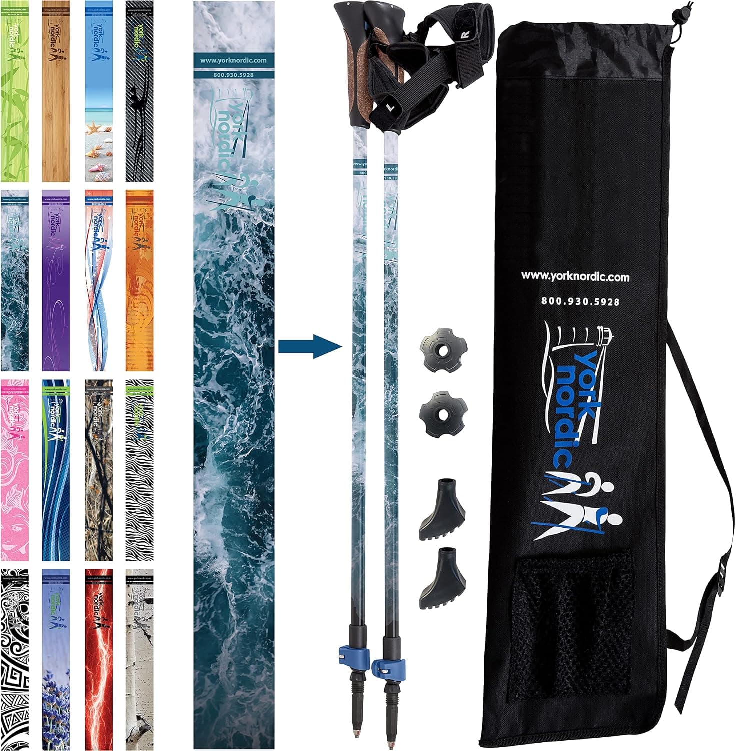 York Nordic Walking Poles - Classic Nordic Grips - Lightweight, Adjustable, and Collapsible -2 Pieces Adjustable w/flip Locks, Detachable feet and Travel Bag (Ocean Wave)
