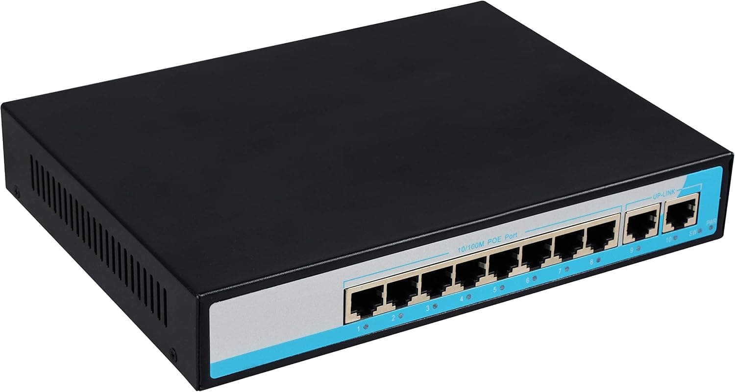 avedio links Safe 10-Port IEE802.3 AF PoE Switch for IP Camera with 8 PoE Ports and 2 Uplink 100M Ethernet Port,15.4W Per Port,Adapted for Network Switch VoIP Phone AP Devices,Plug and Play