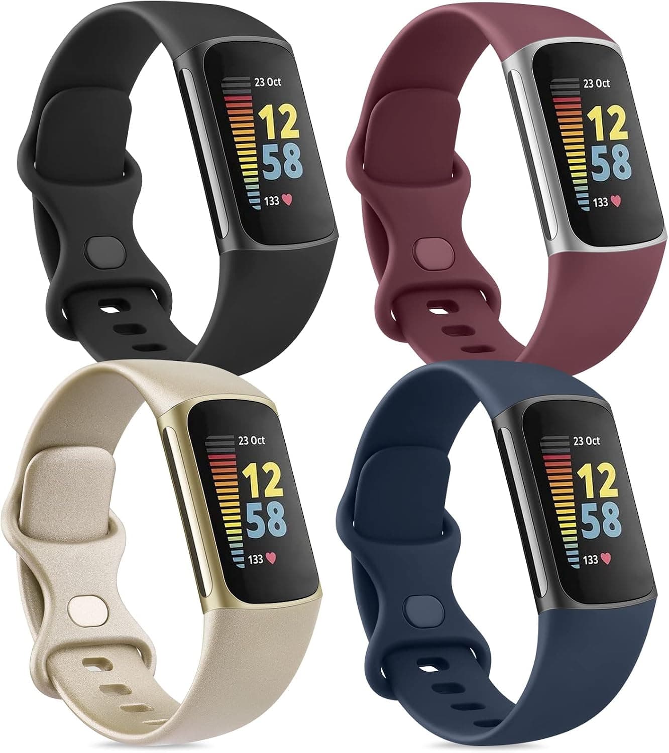 IEOVIEE Bands Compatible with Fitbit Charge 5 Band, [4 Pack] Sports Waterproof Silicone Wristbands for Fitbit Charge 5 Women Men (S 5.5''-7.3'', Navy Blue+Black+Wine Red+Champagne)