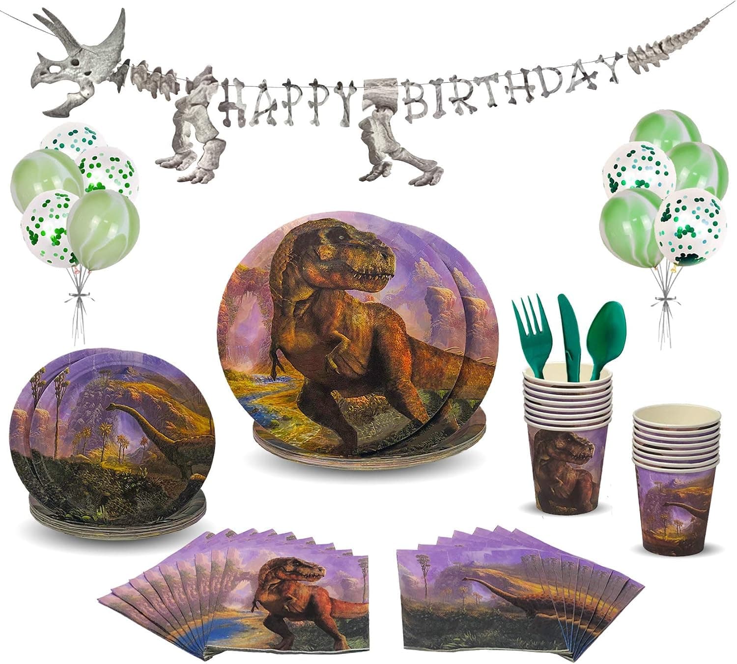 Dinosaur Party Supplies Set | Party In A Box | Serves 16 | 120+ Pieces | Decorations and Tableware | Dinosaur Happy Birthday Banner with Confetti Balloons | Disposable Tableware Set