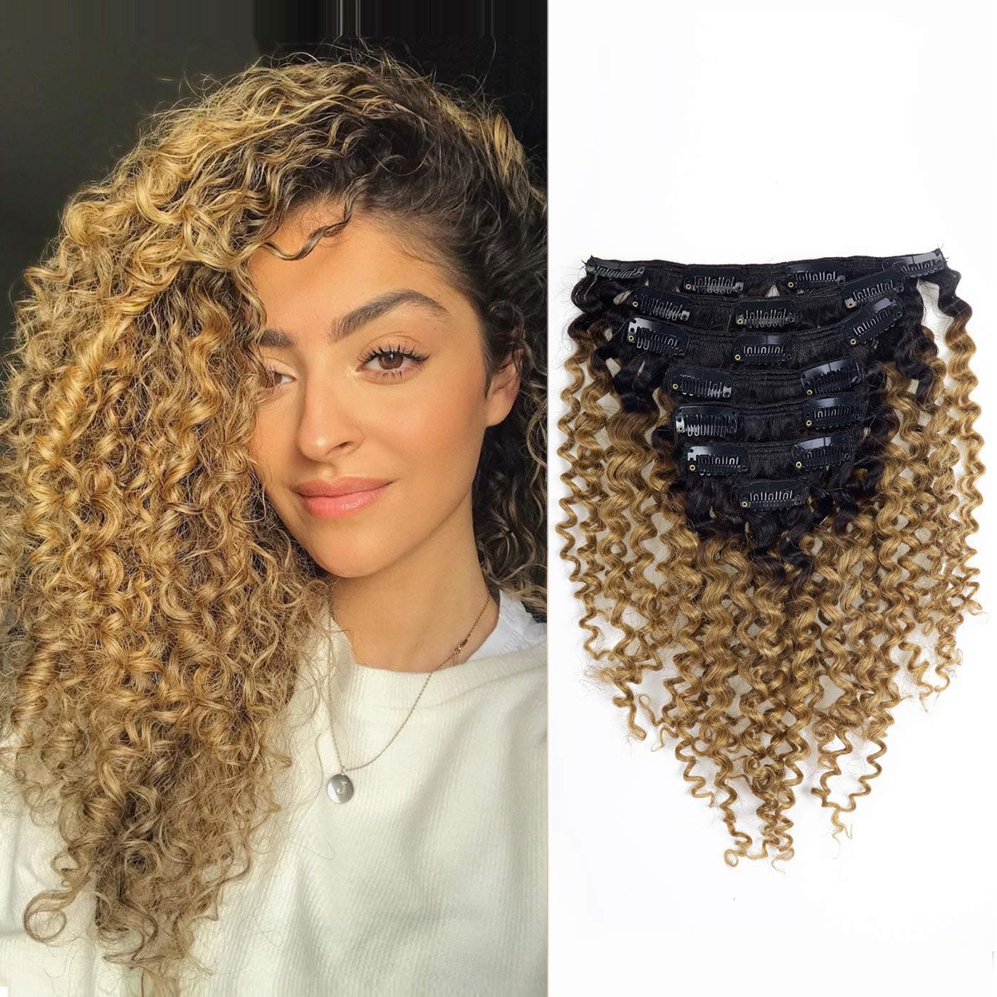 Clip in Human Hair Extensions Afro Jerry Curly 3B 3C Real Hair Clip in Extensions For Black Women Natural Black Color 100% Brazilian African American Hair Extension (16 Inch, Jerry Curly #1B/27)