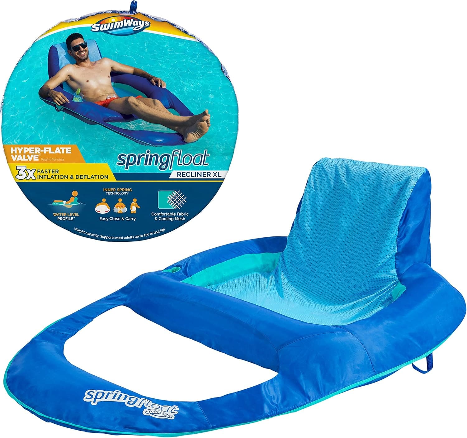 SwimWays Spring Float XL Recliner Pool Lounge Chair with Hyper-Flate Valve, 25% Larger than Spring Float Recliner, Blue