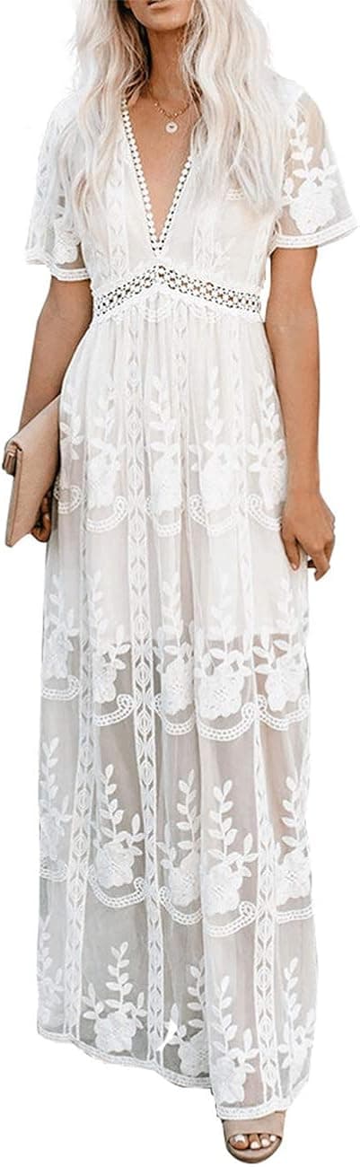 Ecosunny Women's Deep V Neck Short Sleeve Floral Lace Bridesmaid Maxi Dress Party Gown