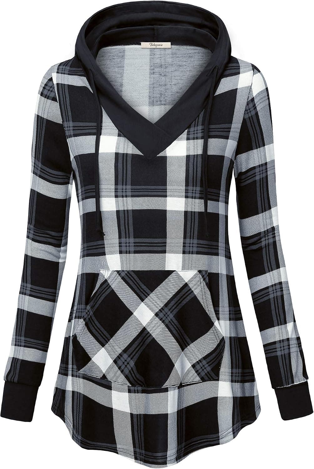Bebonnie Women's Hoodies Pullover Sweatshirt Long Sleeve V Neck Plaid Splicing Lightweight Tunic Top with Pocket