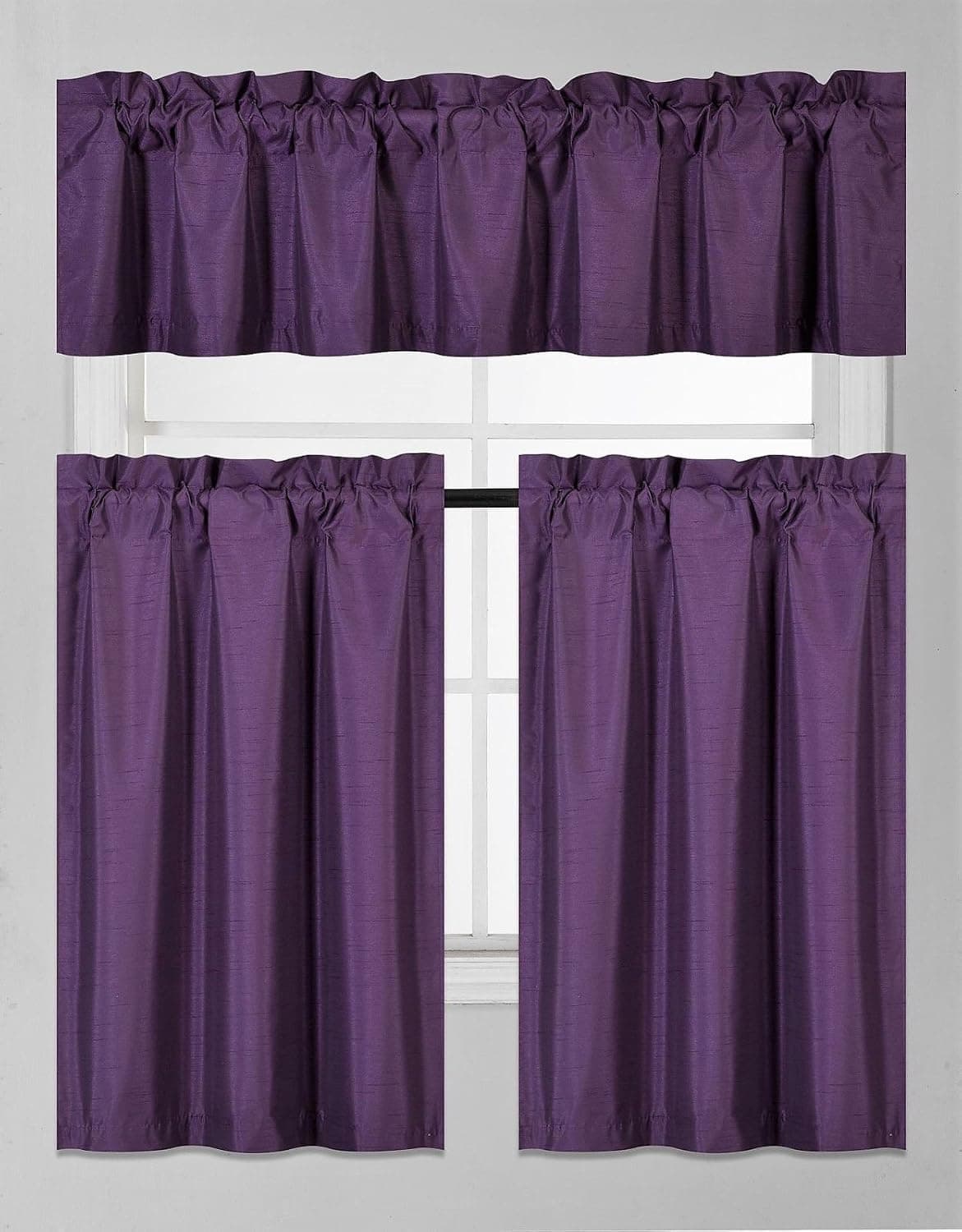 GorgeousHomeLinen (K3) 3 PC Plum Purple Kitchen Window Valance Tier Curtain Faux Silk Panels Lined Thermal Room Darkening Insulated Blackout Set