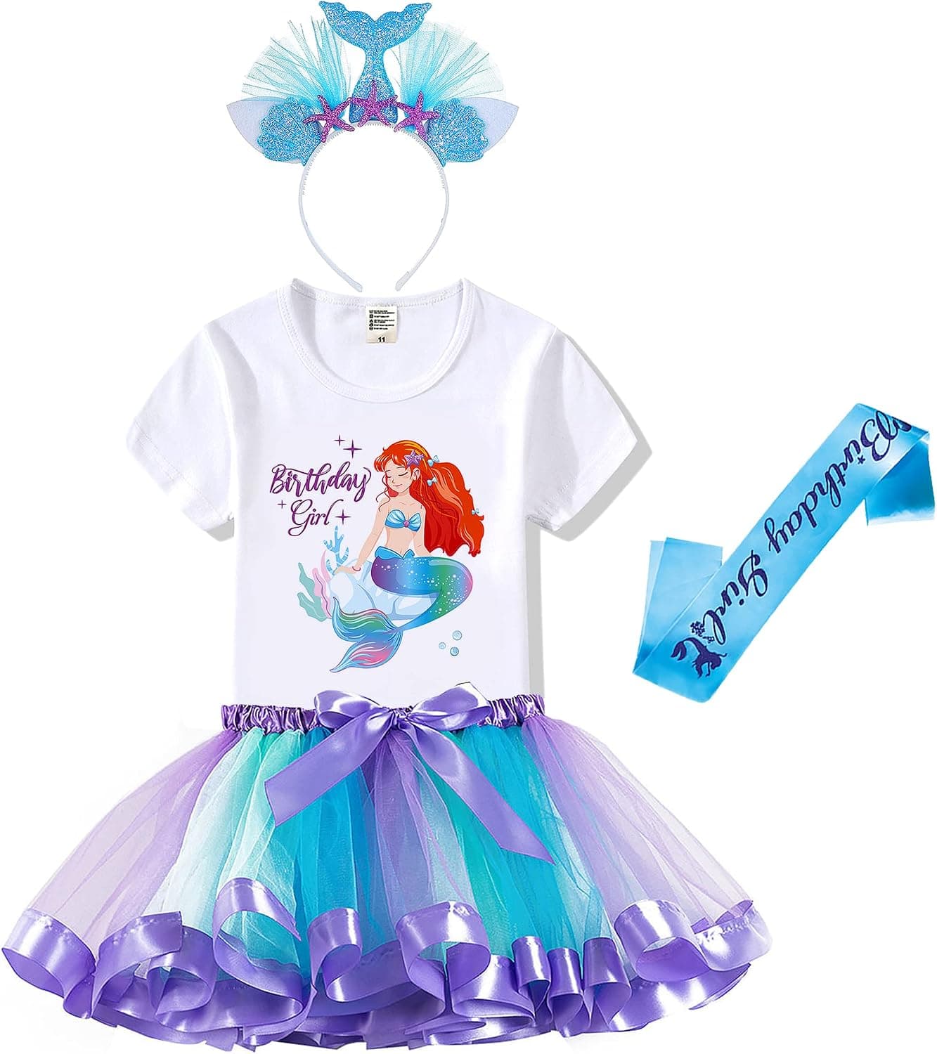 Mermaid Outfit Set – Shirt, Rainbow Tutu Dress, Satin Sash, Headband – Birthday Gifts for Girls Costume