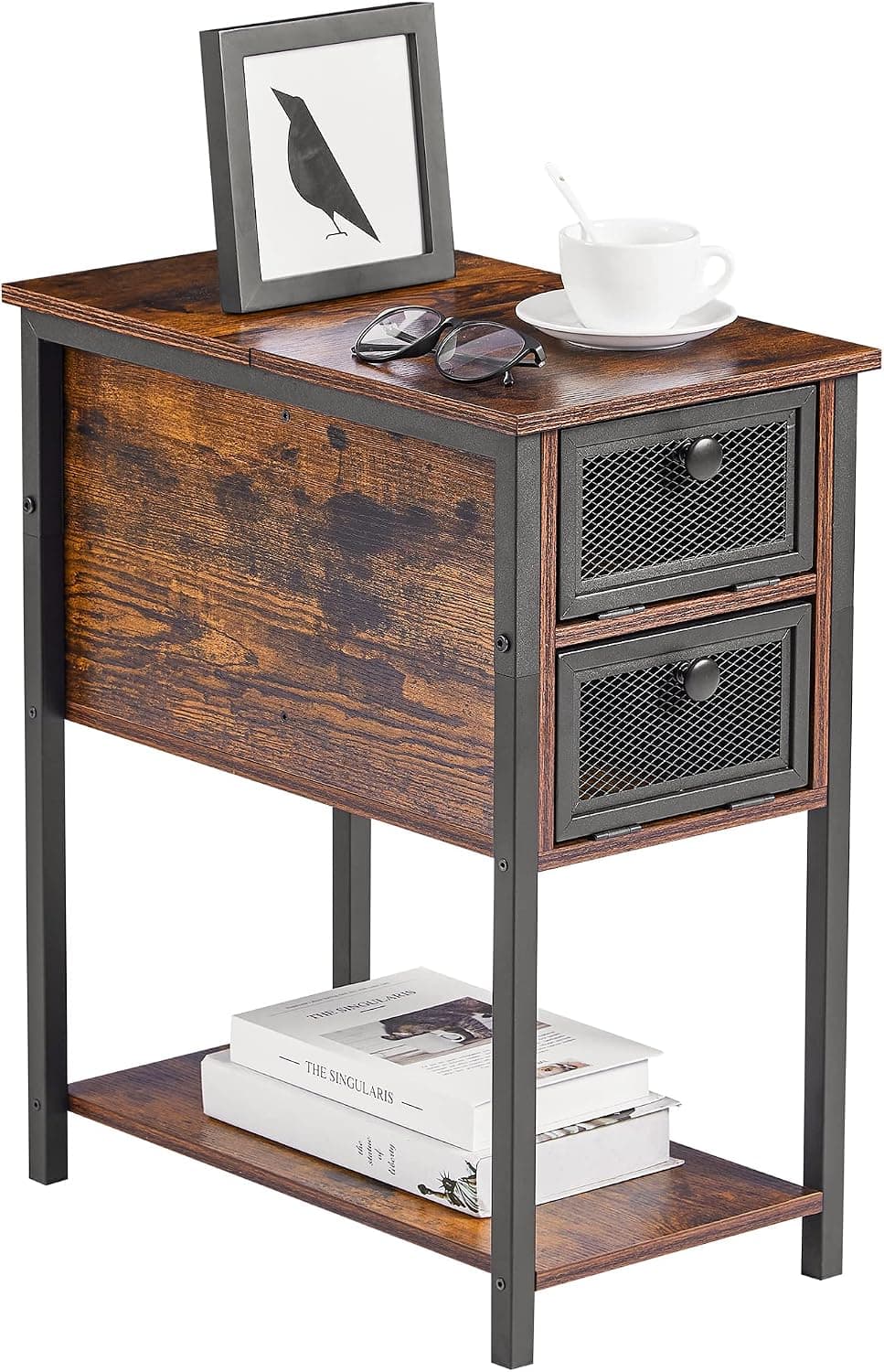 VECELO Flip Top Narrow Side Table with Storage Shelf, Wood Look Accent Furniture for Living Room Bedroom,Brown, 1 Set